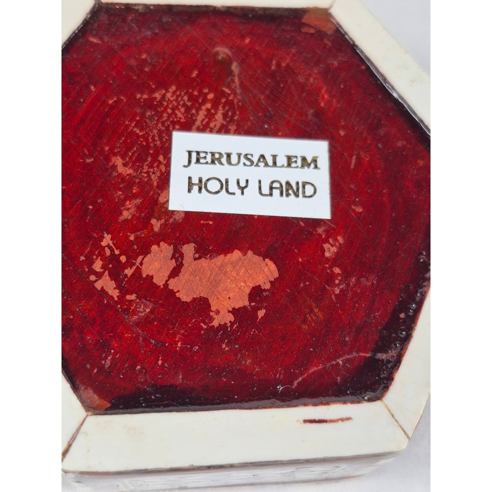 Jerusalem Holy Land Olive Wood Mother of Pearl Inlay Hexagon Trinket Jewelry Box - Picture 6 of 9